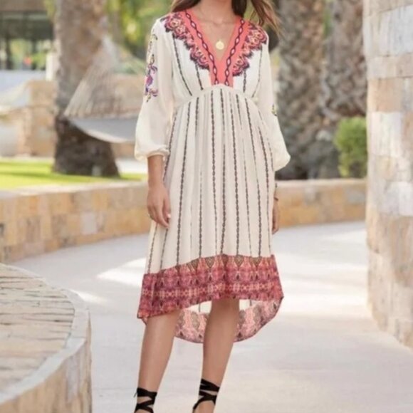 Sundance Amrita Story White Embroidered Long Sleeve Midi Sundress - Picture 1 of 15